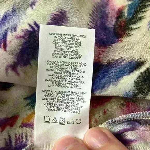 CAbi Plume Feather Print Cap Sleeve V-Neck Sheer Blouse Colorful Abstract Top - Picture 9 of 10